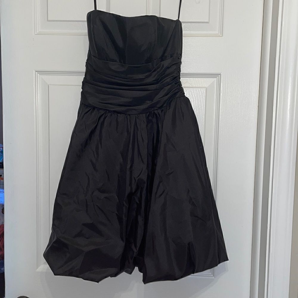 David’s Bridal Black Strapless Bubble Hem Mini Dress